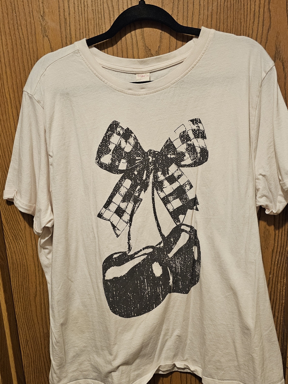 Vibe Cream Short Sleeve Tee with Black Graphic Bow and Cherries